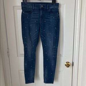 Women's Blue Jeans with Faux Pearl Embellishments
